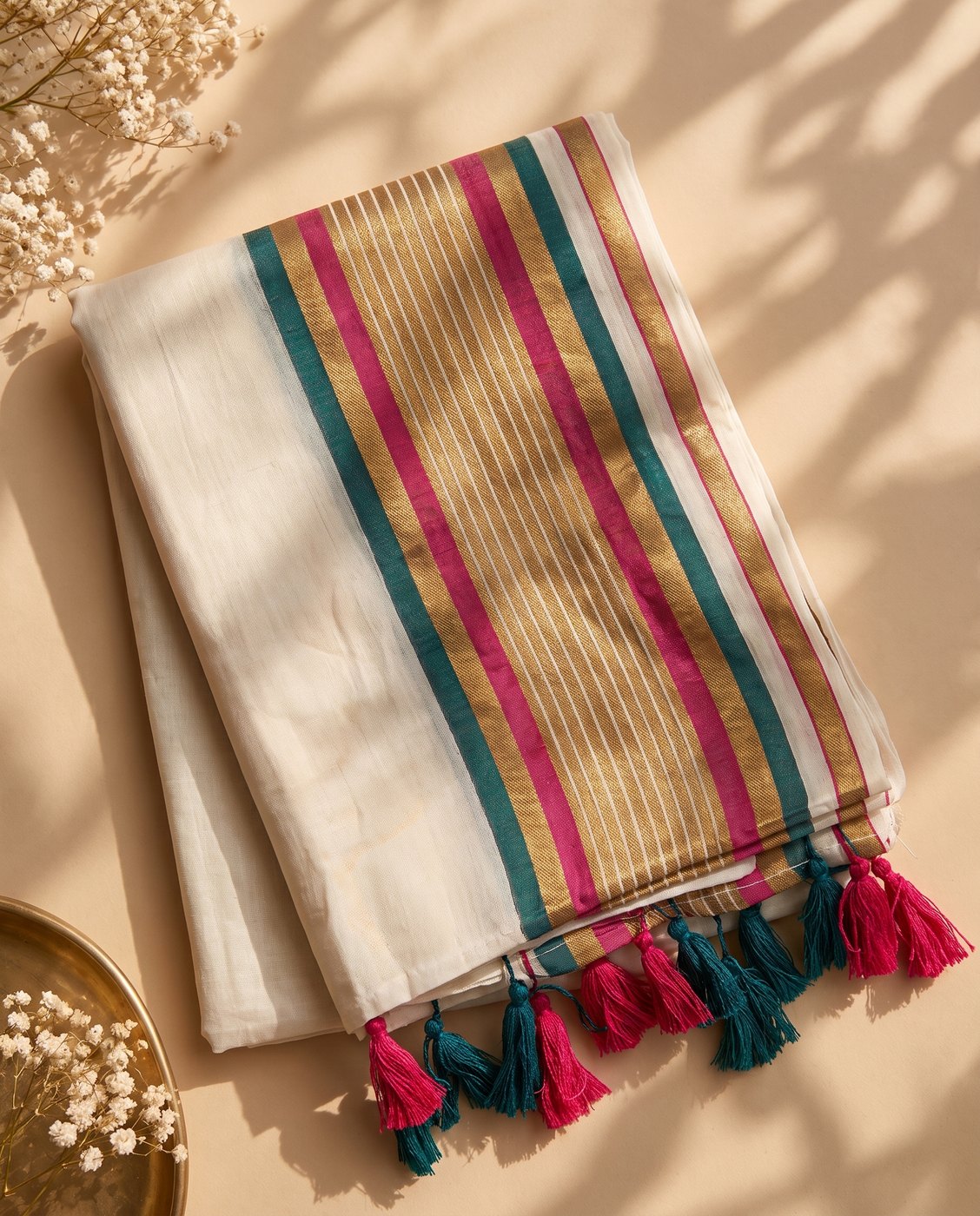 Ivory & Multicolour Kasavu-Inspired Soft Cotton Saree with Tassels
