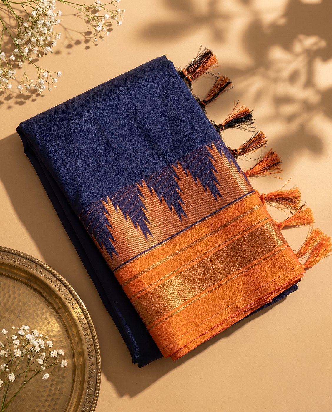 llkal Cotton Navy Blue with Yellow Temple Border