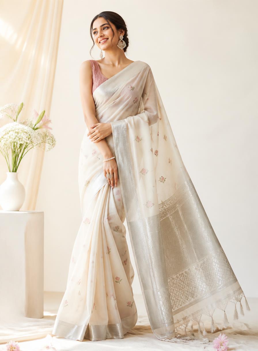 Model wearing the Rose Ivory Chanderi saree