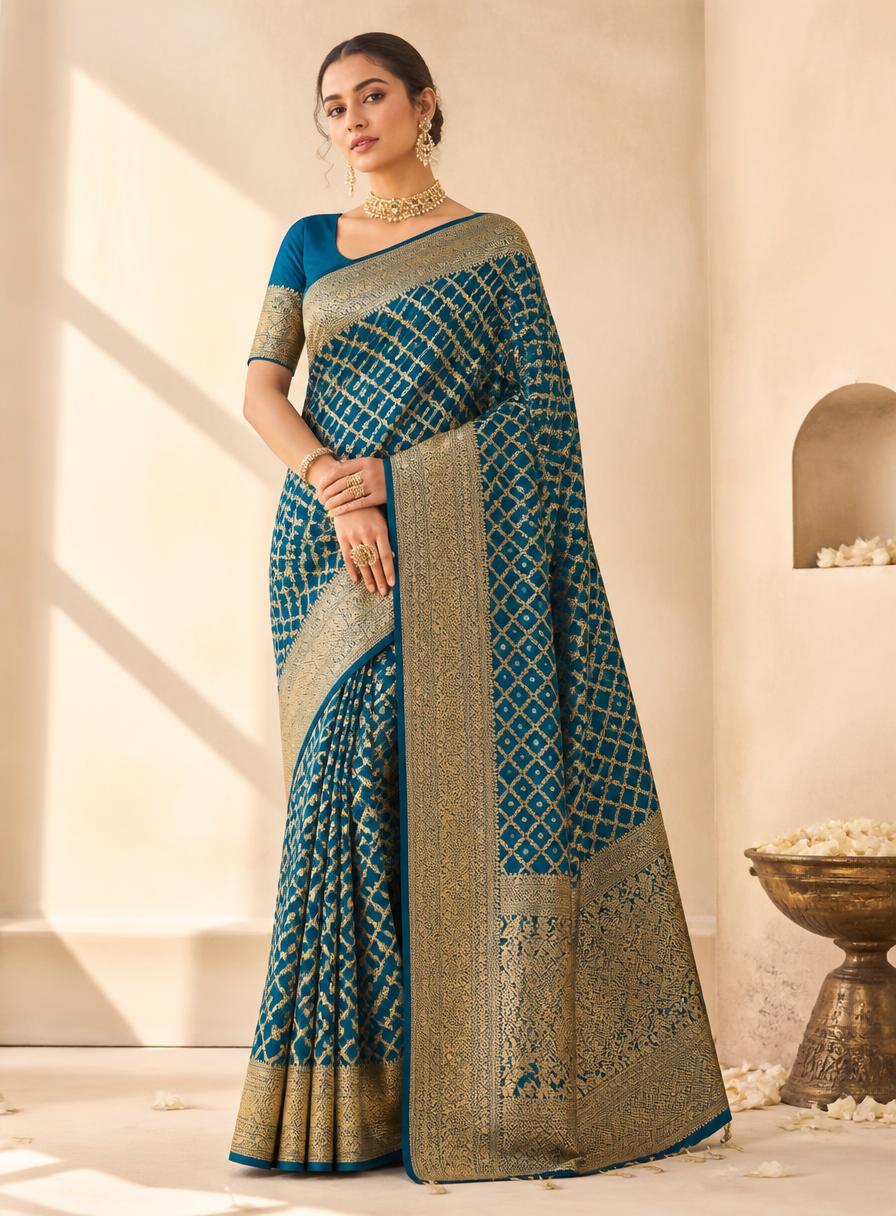 Model wearing the Peacock Blue Banarasi saree