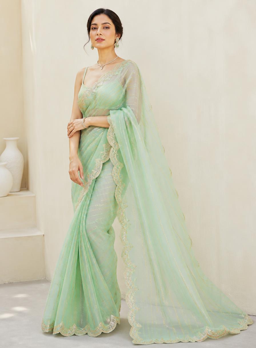 Model wearing the Mint Organza Zari Stripe saree