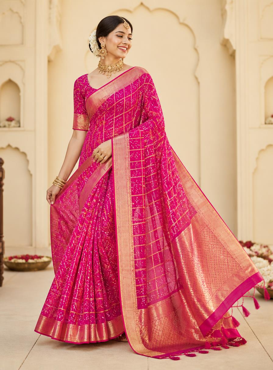 Model wearing the Rani Pink Bandhani Gharchola saree
