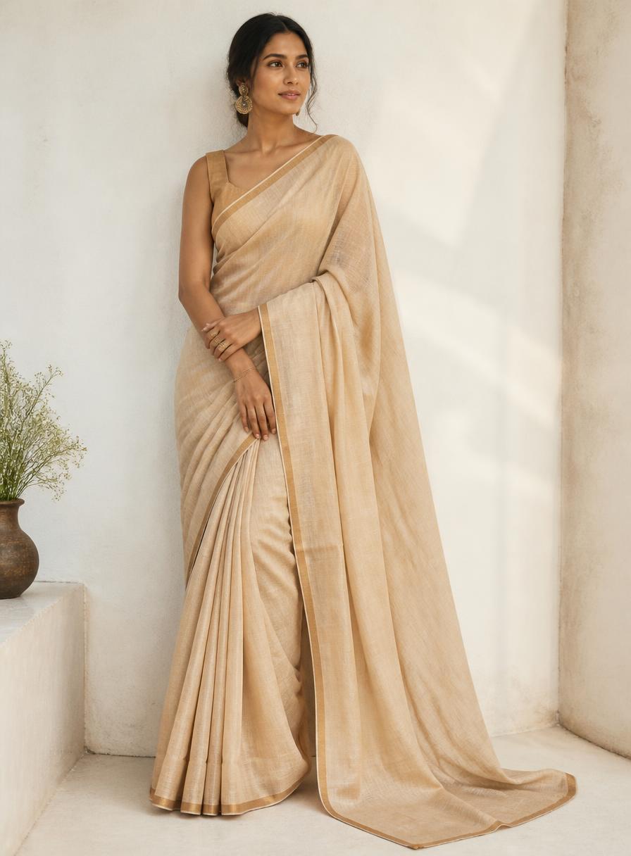 Model wearing the Sandal Beige Linen Handloom saree